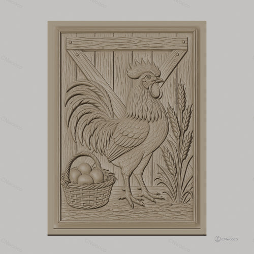Fichier CNC & impression 3D coq, panier d'œufs et épis de blé, haute qualité relief STL