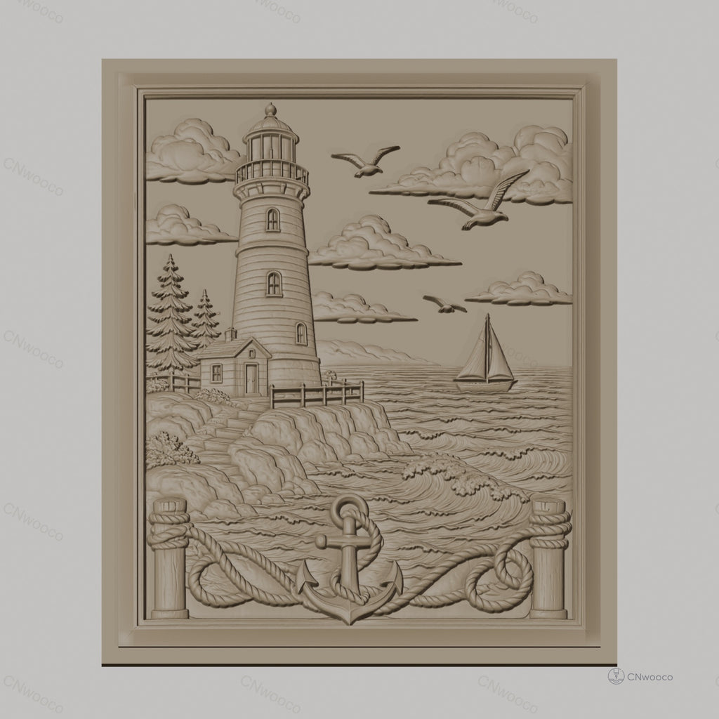 Fichier CNC & impression 3D scène marine, phare, bateau à voile, ancre, relief côtier haute qualité relief STL
