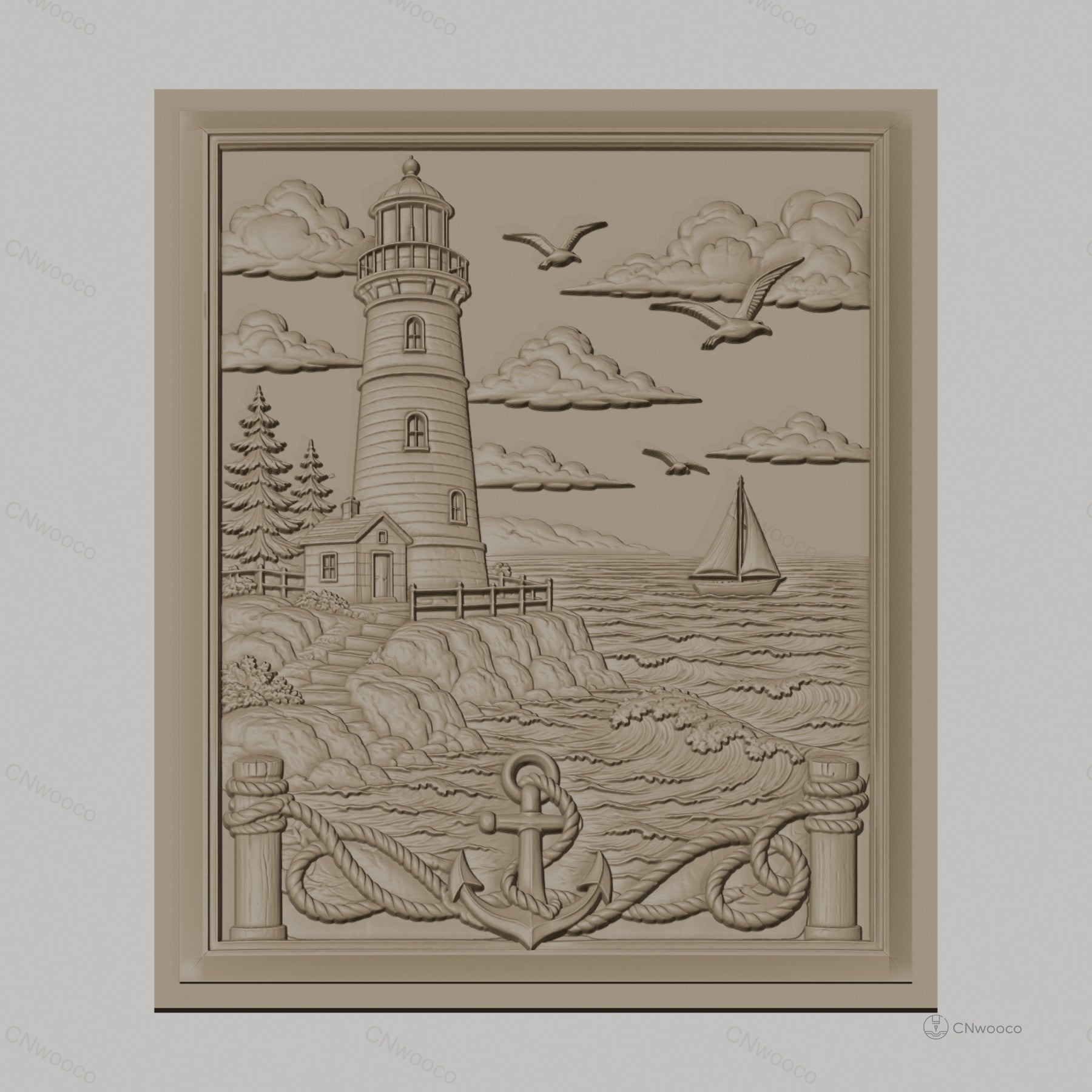 Fichier CNC & impression 3D scène marine, phare, bateau à voile, ancre, relief côtier haute qualité relief STL