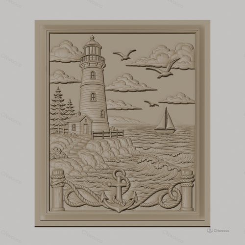 Fichier CNC & impression 3D scène marine, phare, bateau à voile, ancre, relief côtier haute qualité relief STL