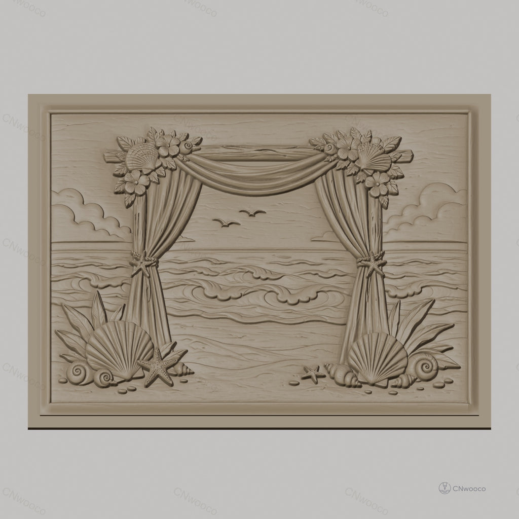 Fichier CNC & impression 3D scène plage, rideaux, coquillages, vague haute qualité relief STL