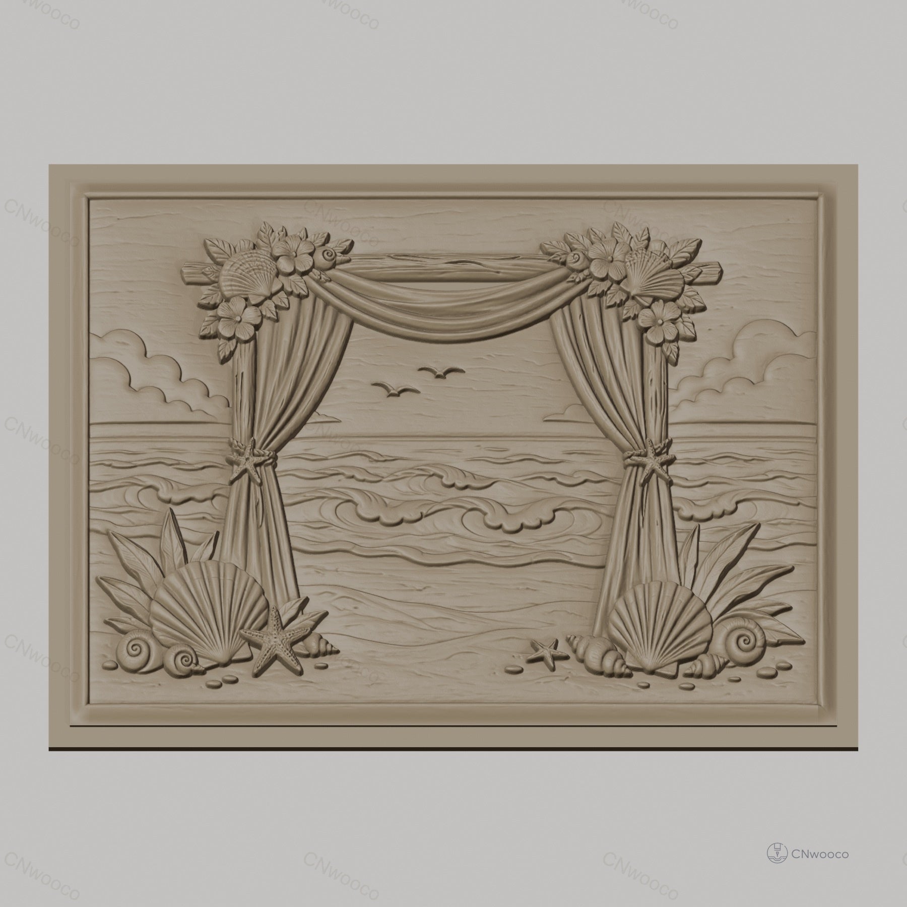 Fichier CNC & impression 3D scène plage, rideaux, coquillages, vague haute qualité relief STL