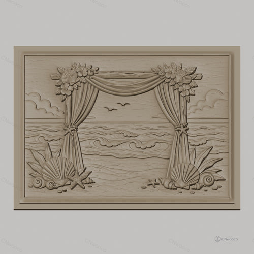 Fichier CNC & impression 3D scène plage, rideaux, coquillages, vague haute qualité relief STL