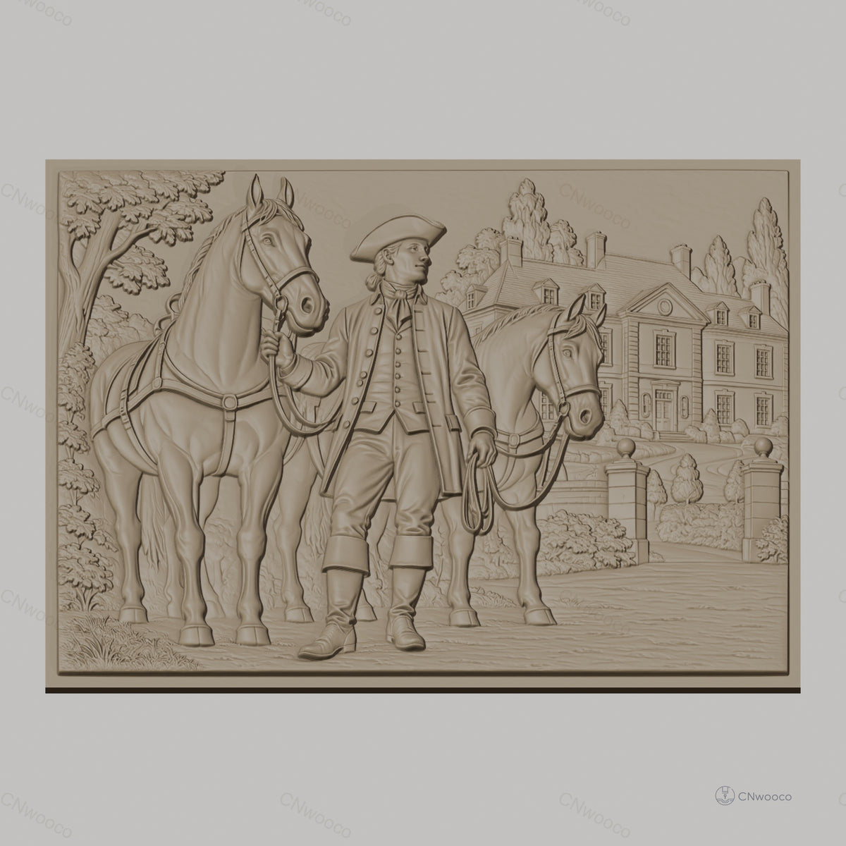 Fichier CNC & impression 3D homme colonial avec chevaux et maison coloniale, haute qualité relief STL