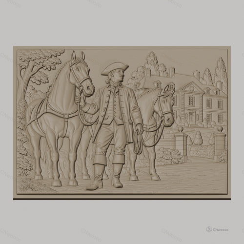 Fichier CNC & impression 3D homme colonial avec chevaux et maison coloniale, haute qualité relief STL