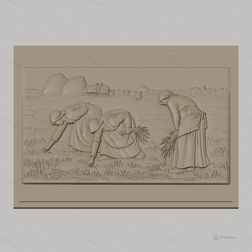 Fichier CNC & impression 3D scène de moisson, femmes travaillant dans un champ, haute qualité relief STL