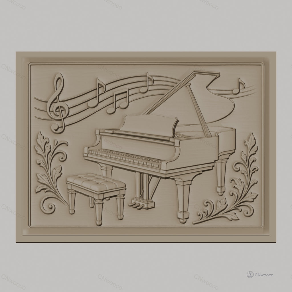 Fichier CNC & impression 3D piano à queue, notes de musique avec feuilles décoratives, haute qualité relief STL