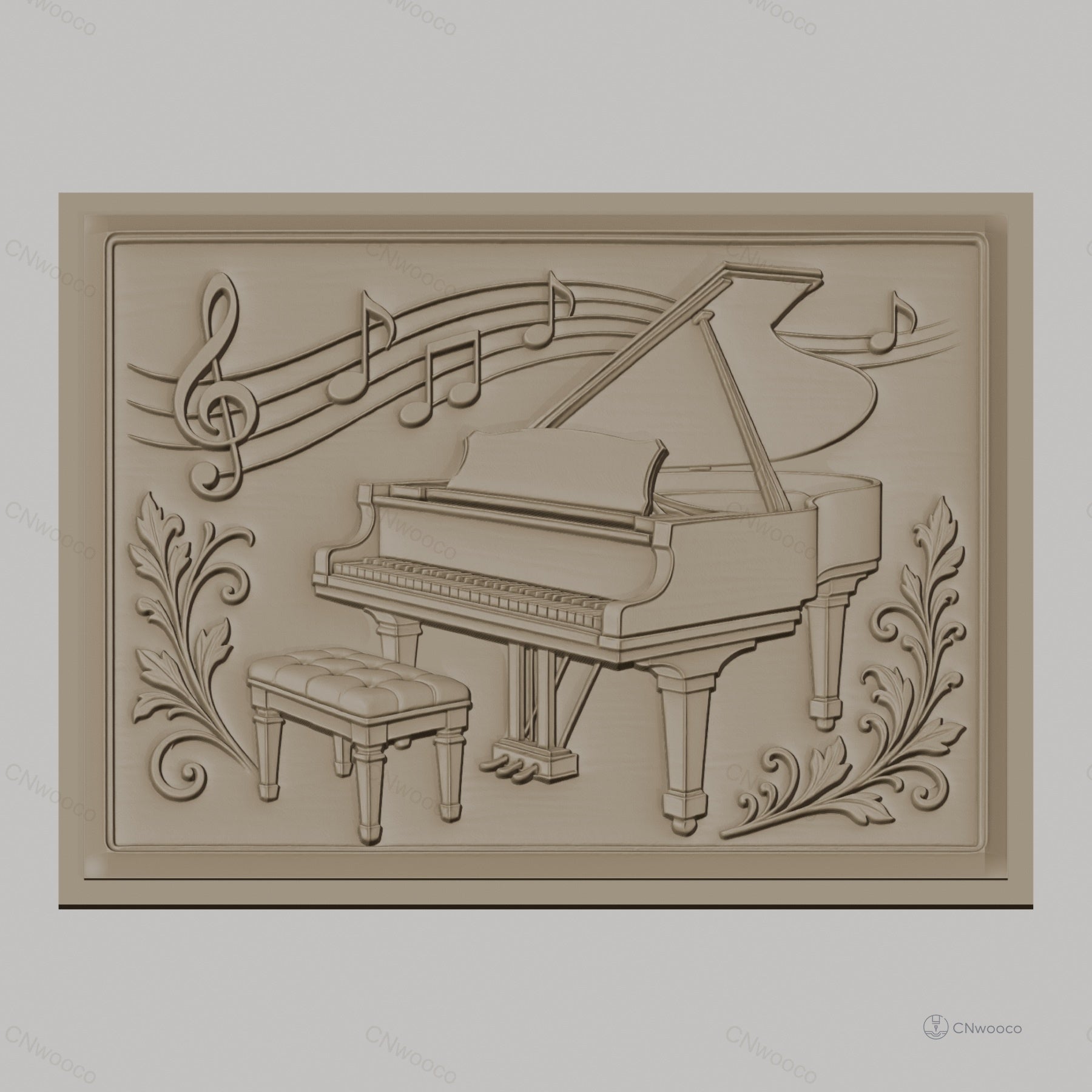 Fichier CNC & impression 3D piano à queue, notes de musique avec feuilles décoratives, haute qualité relief STL