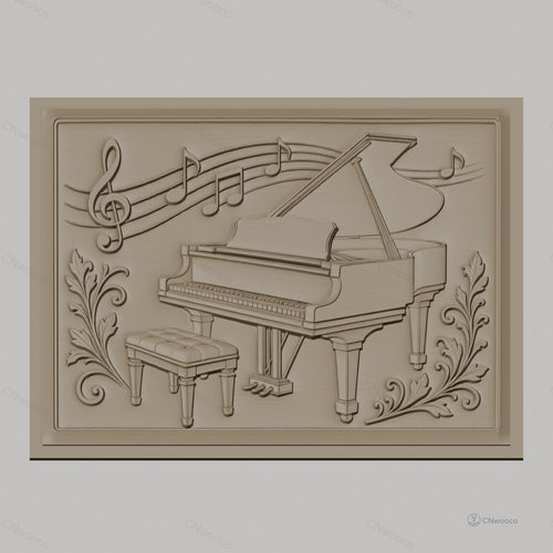 Fichier CNC & impression 3D piano à queue, notes de musique avec feuilles décoratives, haute qualité relief STL