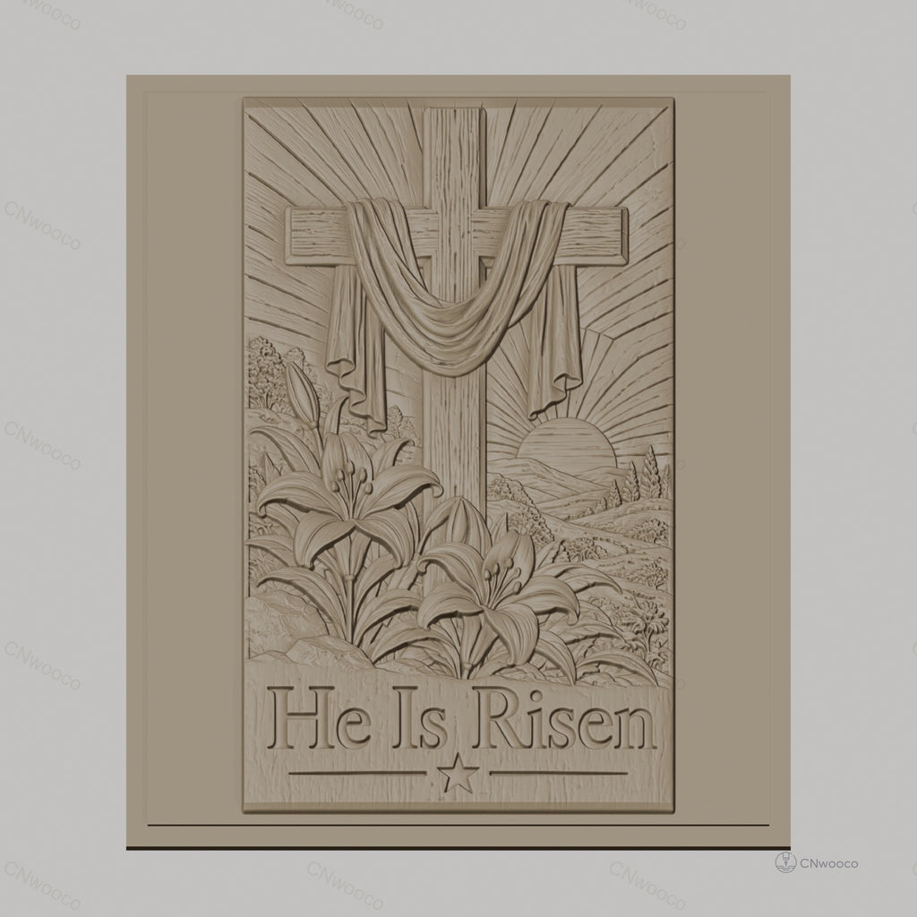 Fichier CNC & impression 3D Croix chrétienne, lys en relief avec texte He Is Risen, haute qualité relief STL