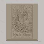 Fichier CNC & impression 3D Croix chrétienne, lys en relief avec texte He Is Risen, haute qualité relief STL