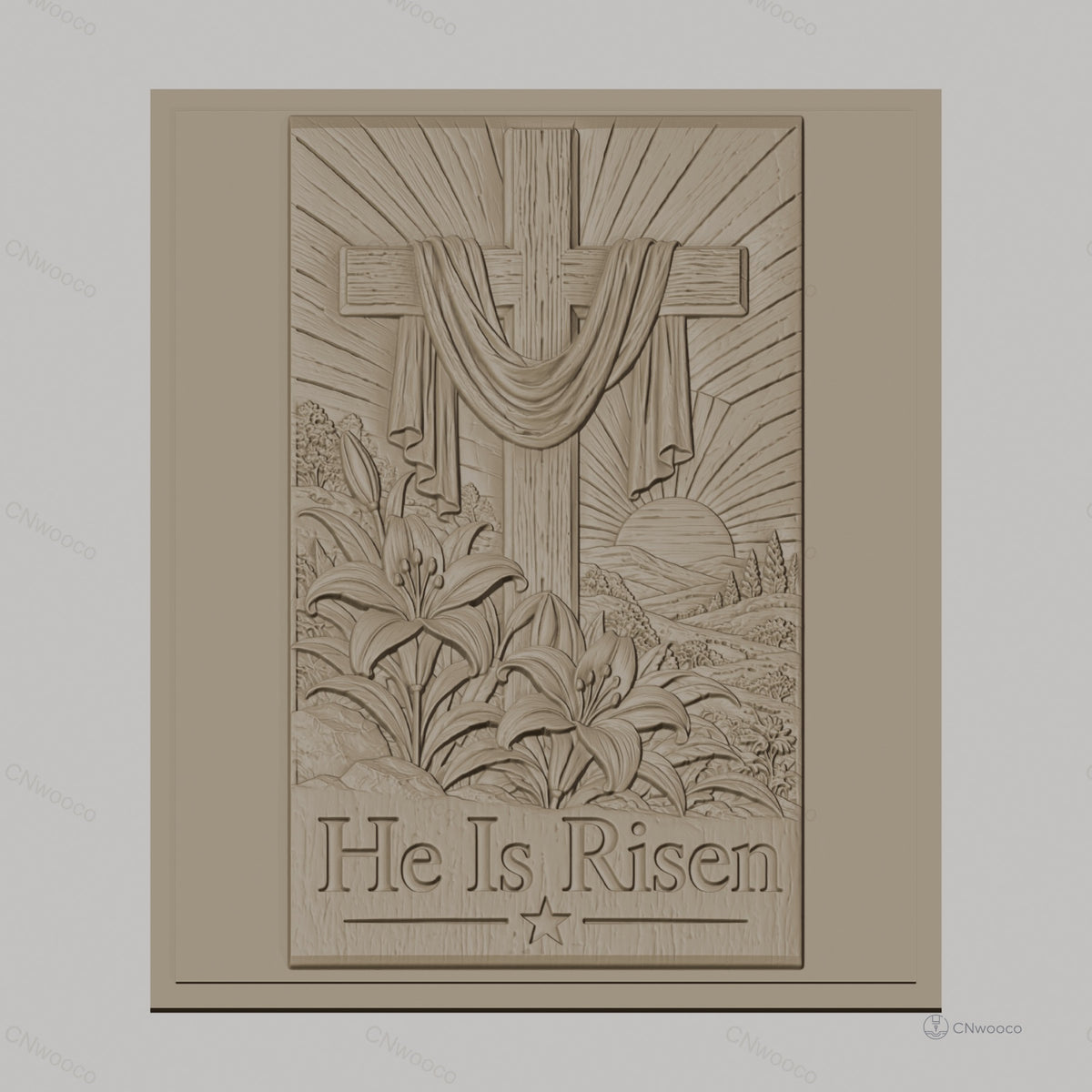 Fichier CNC & impression 3D Croix chrétienne, lys en relief avec texte He Is Risen, haute qualité relief STL