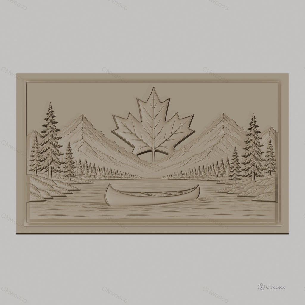 Fichier CNC & impression 3D paysage nature avec canoë et feuille d'érable, haute qualité relief STL