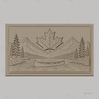 Fichier CNC & impression 3D paysage nature avec canoë et feuille d'érable, haute qualité relief STL