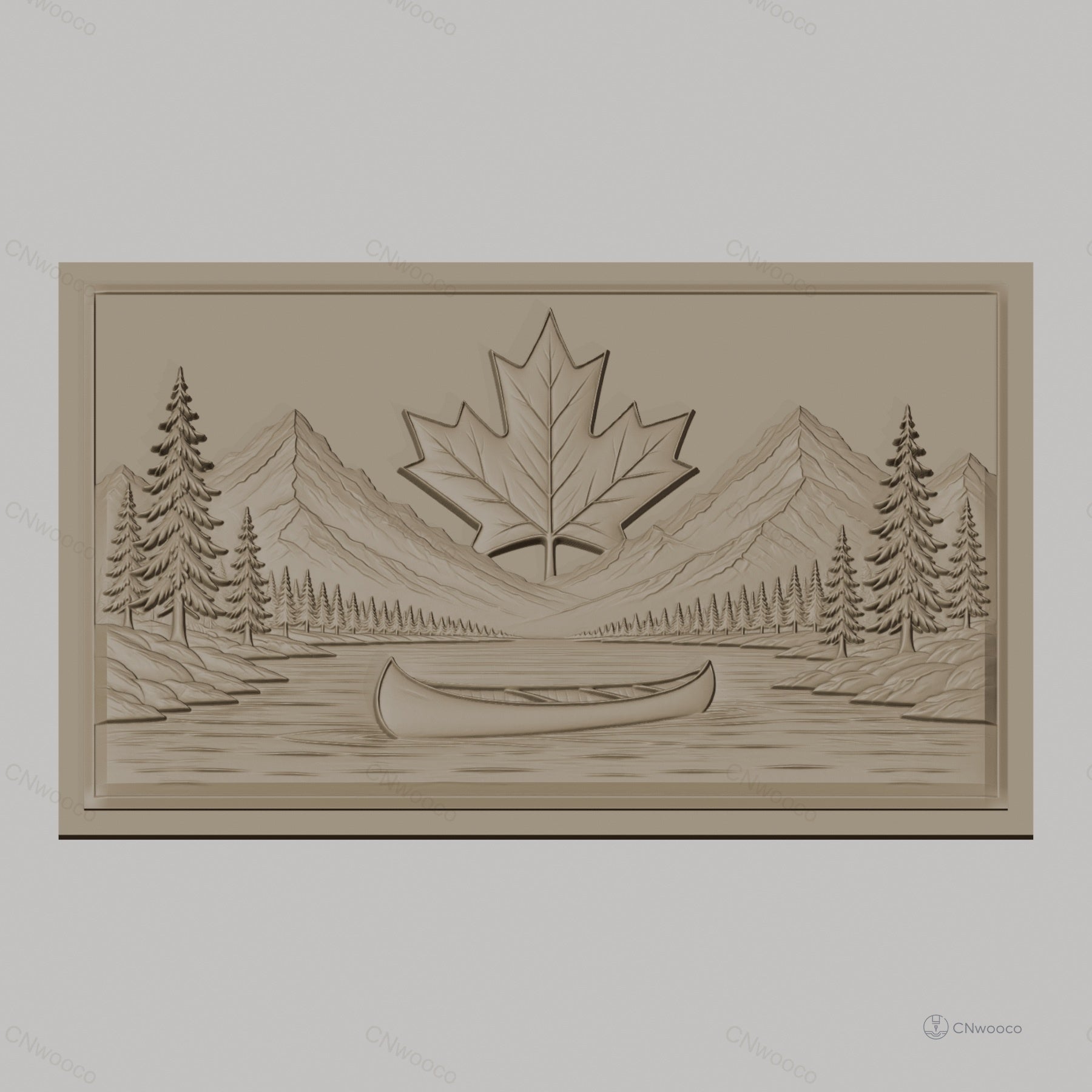 Fichier CNC & impression 3D paysage nature avec canoë et feuille d'érable, haute qualité relief STL