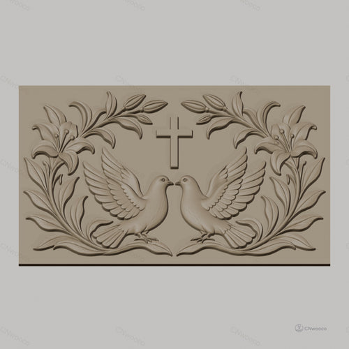 Fichier CNC & impression 3D motif religieux, colombes, croix et fleurs, haute qualité relief STL
