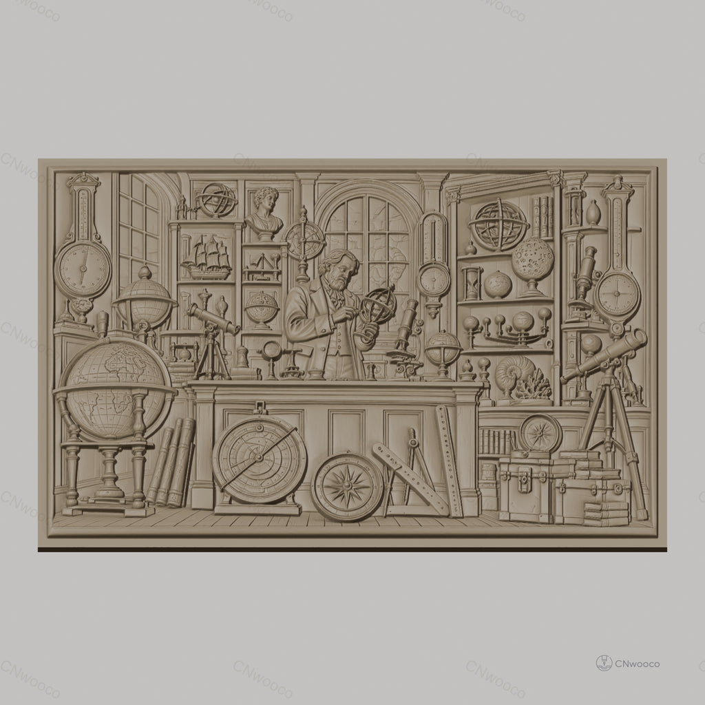 Fichier CNC & impression 3D cabinet de curiosités scientifiques, globes, télescopes, outils de mesure haute qualité relief STL