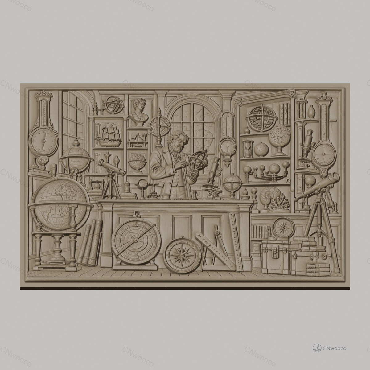 Fichier CNC & impression 3D cabinet de curiosités scientifiques, globes, télescopes, outils de mesure haute qualité relief STL