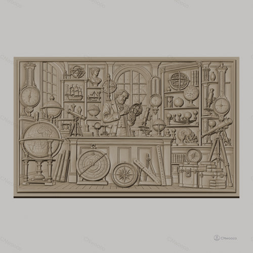 Fichier CNC & impression 3D cabinet de curiosités scientifiques, globes, télescopes, outils de mesure haute qualité relief STL