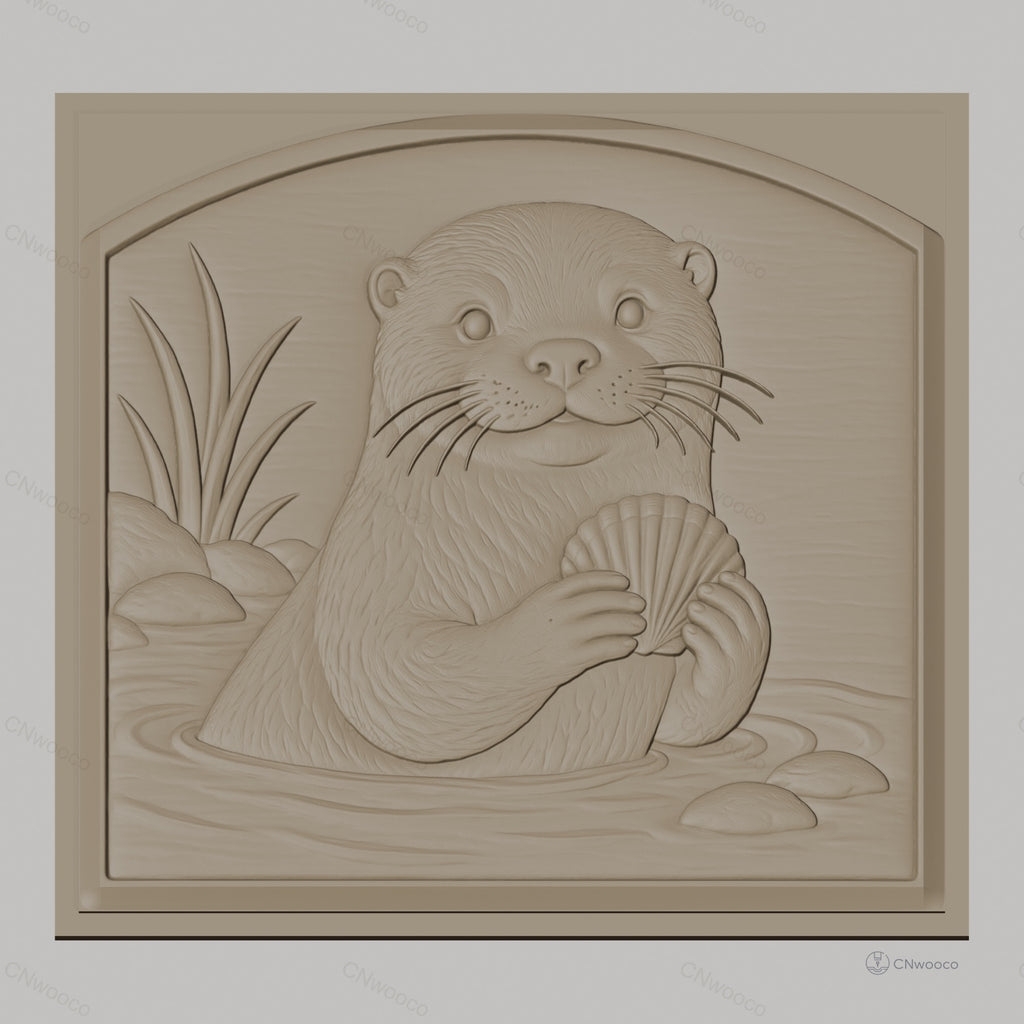 Fichier CNC & impression 3D Loutre tenant une coquille, décor naturel avec eau et rochers, haute qualité relief STL