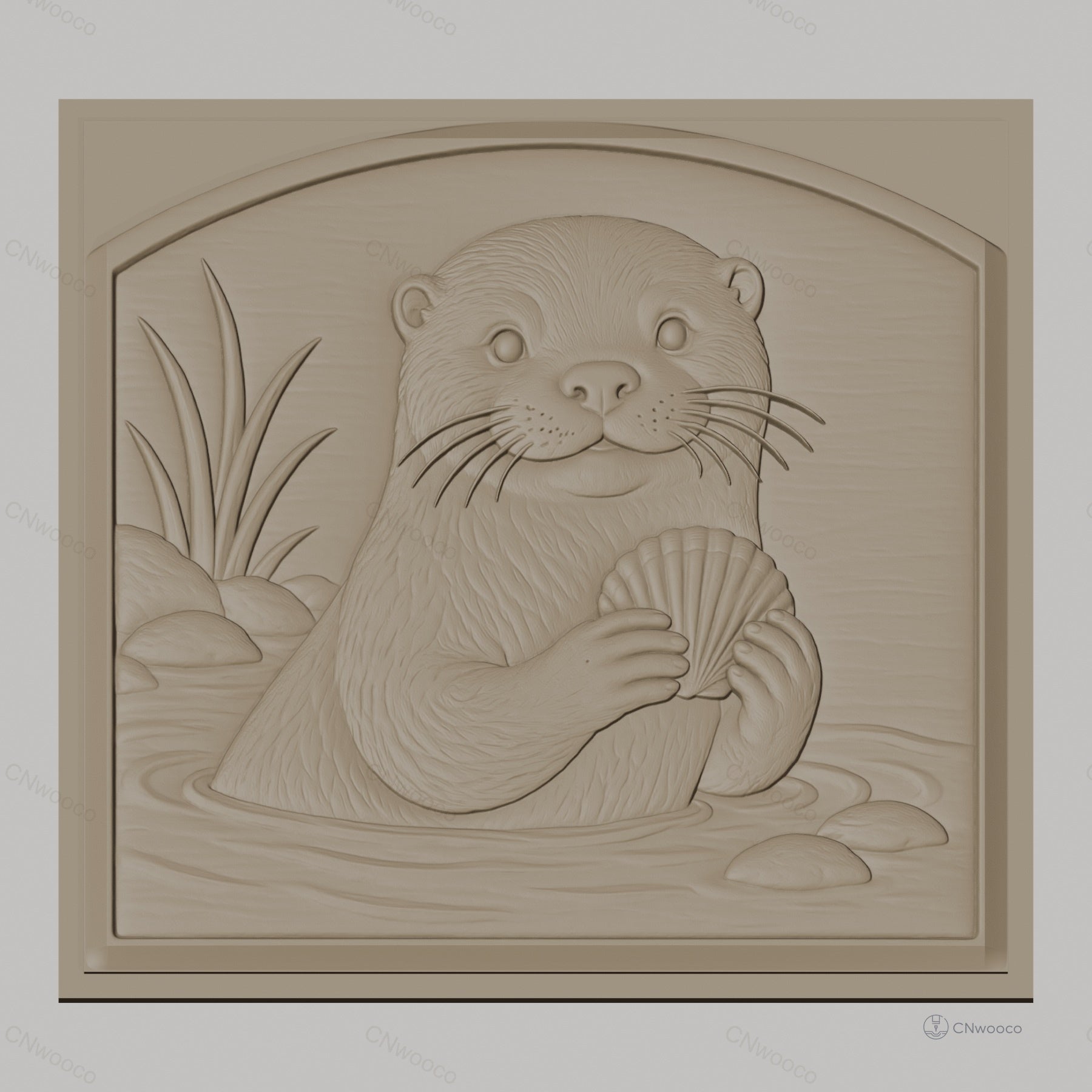 Fichier CNC & impression 3D Loutre tenant une coquille, décor naturel avec eau et rochers, haute qualité relief STL