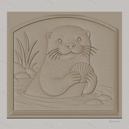 Fichier CNC & impression 3D Loutre tenant une coquille, décor naturel avec eau et rochers, haute qualité relief STL