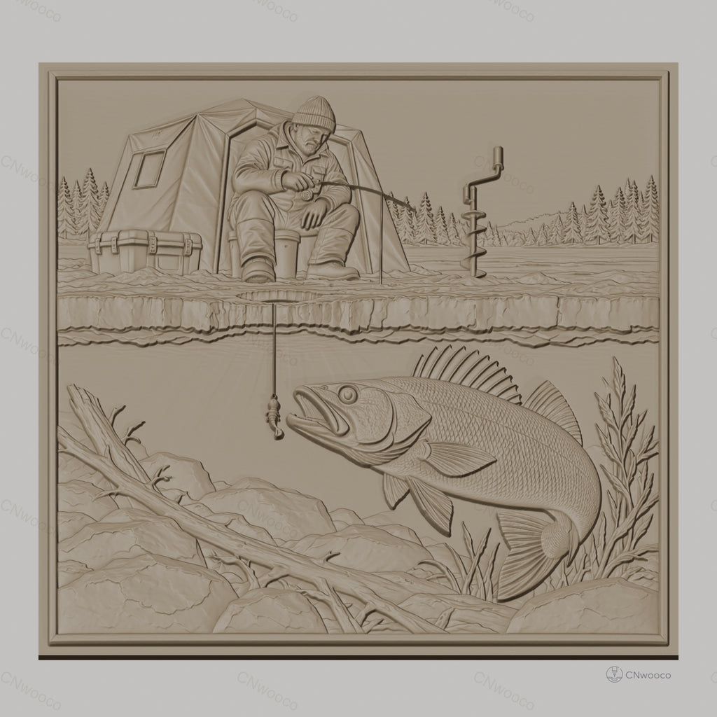 Fichier CNC & impression 3D pêche blanche, homme avec tente et poisson sous glace, haute qualité relief STL