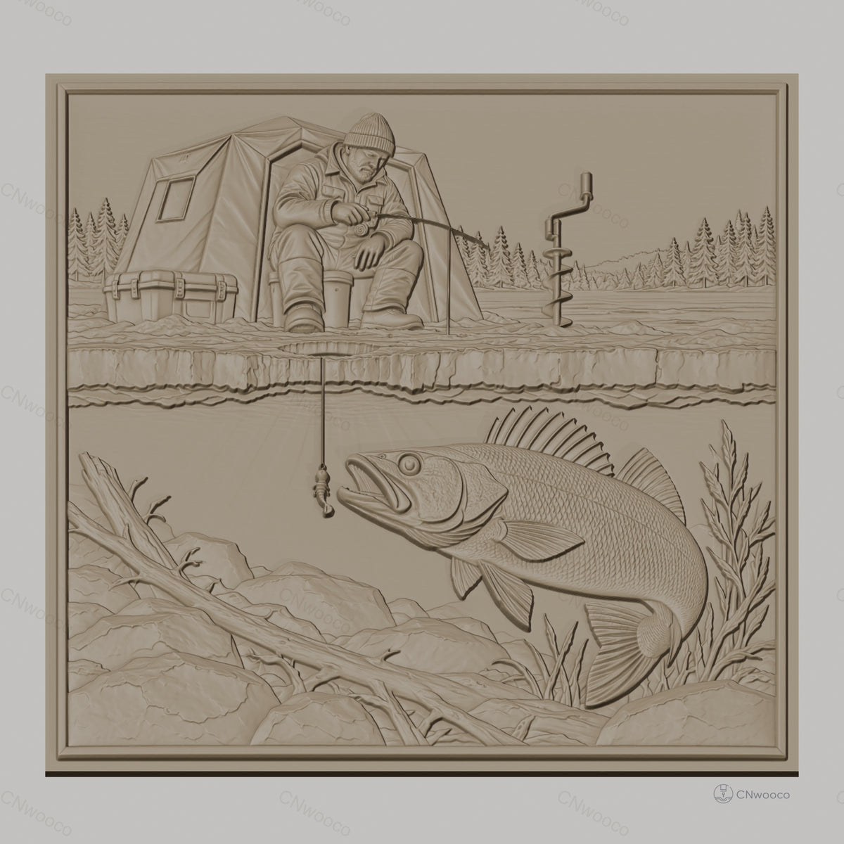 Fichier CNC & impression 3D pêche blanche, homme avec tente et poisson sous glace, haute qualité relief STL