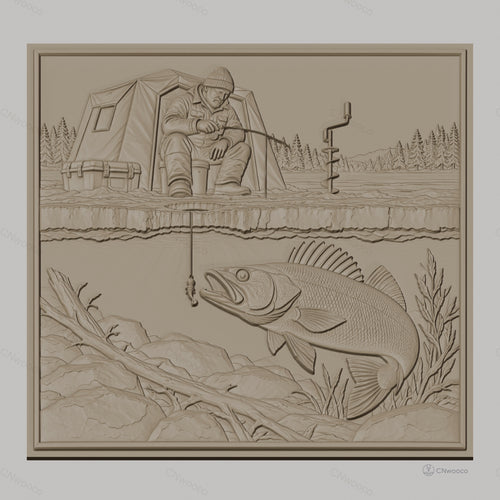 Fichier CNC & impression 3D pêche blanche, homme avec tente et poisson sous glace, haute qualité relief STL