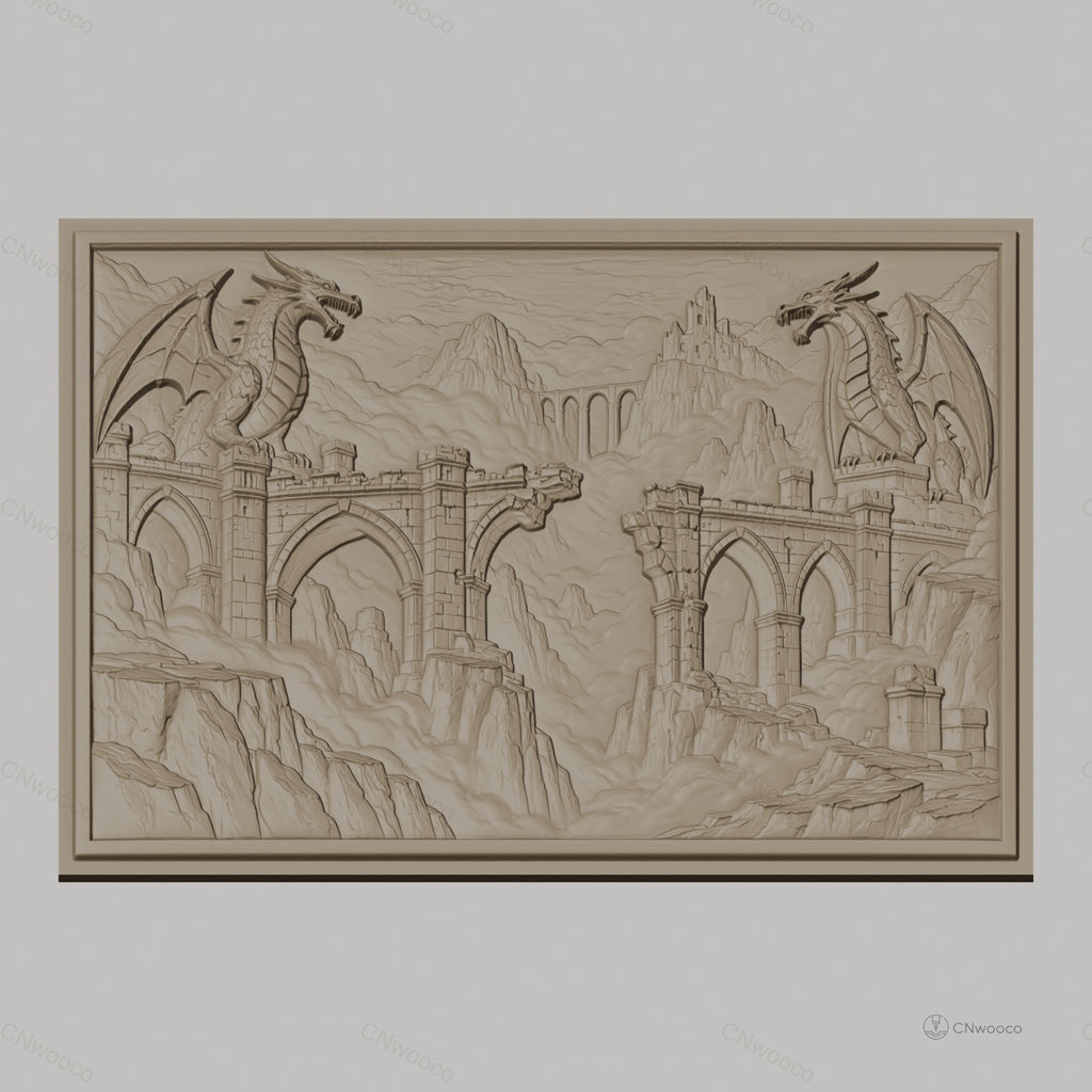 Fichier CNC & impression 3D dragons et ponts gothiques, ruines médiévales et montagnes, haute qualité relief STL