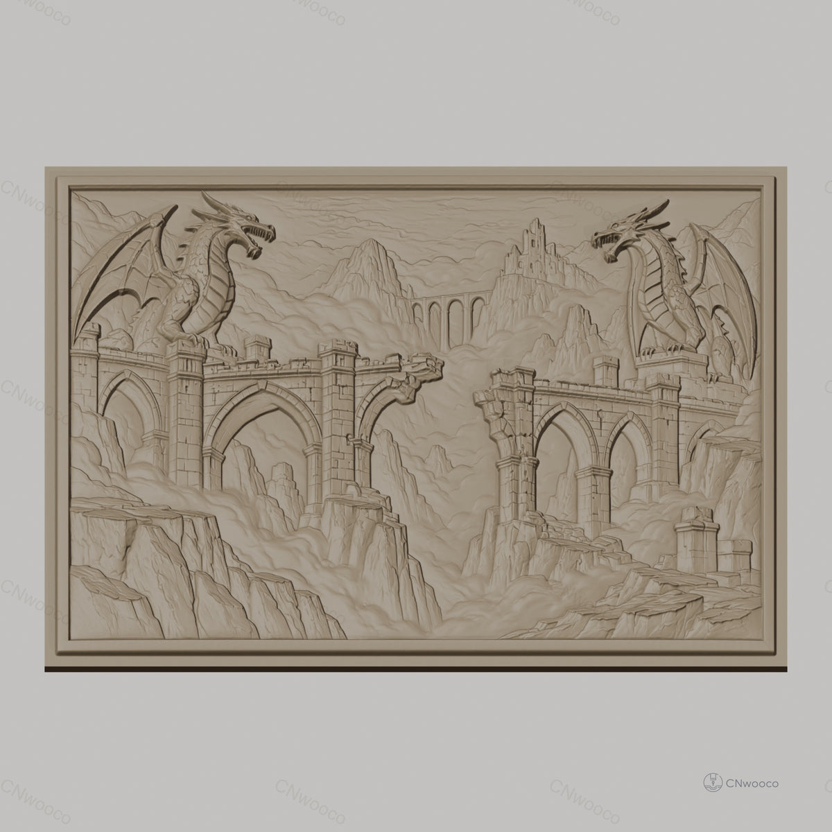 Fichier CNC & impression 3D dragons et ponts gothiques, ruines médiévales et montagnes, haute qualité relief STL