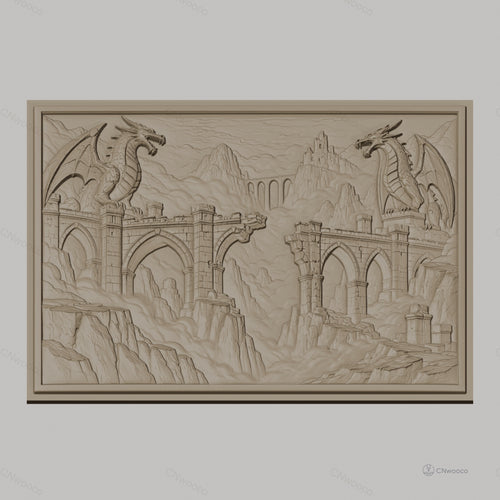 Fichier CNC & impression 3D dragons et ponts gothiques, ruines médiévales et montagnes, haute qualité relief STL