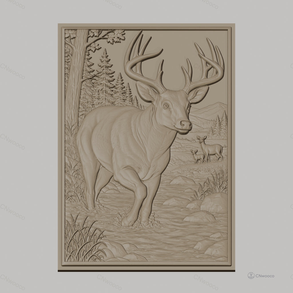 Fichier CNC & impression 3D cerf dans rivière, forêt, paysage montagneux, haute qualité relief STL