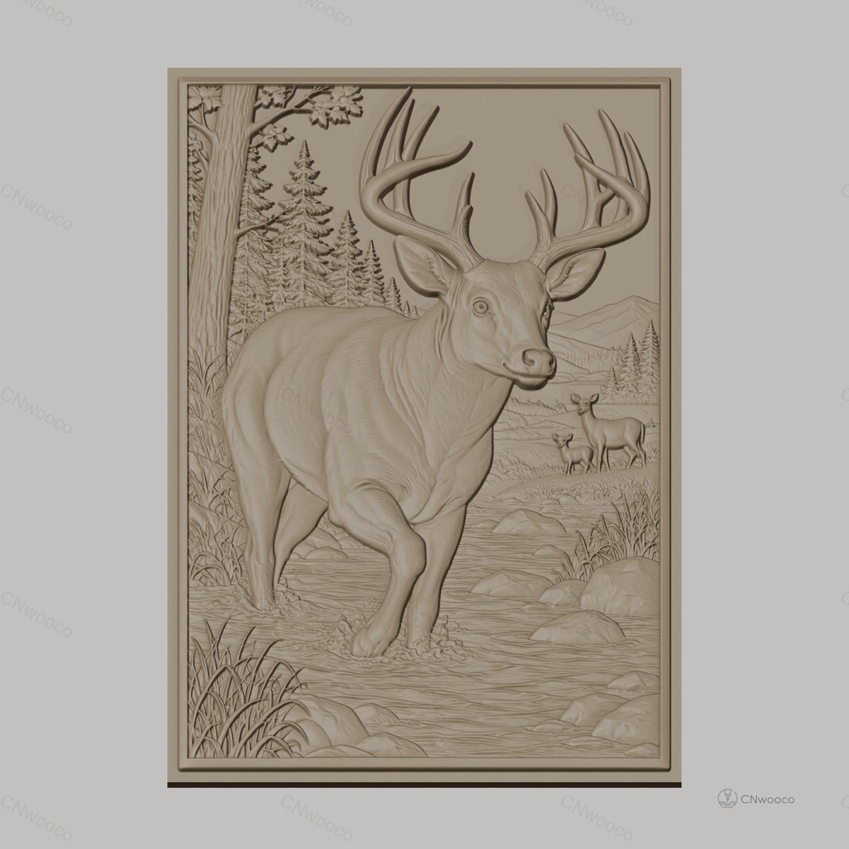 Fichier CNC & impression 3D cerf dans rivière, forêt, paysage montagneux, haute qualité relief STL