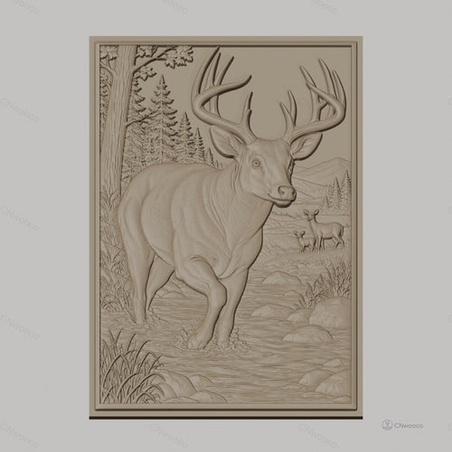 Fichier CNC & impression 3D cerf dans rivière, forêt, paysage montagneux, haute qualité relief STL