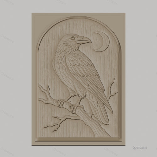 Fichier CNC & impression 3D corbeau sur branche avec lune haute qualité relief STL
