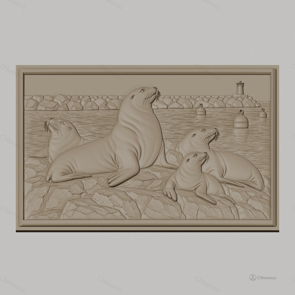 Fichier CNC & impression 3D phoques sur rochers avec phare et bouées haute qualité relief STL