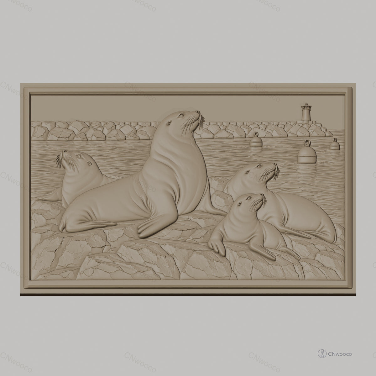 Fichier CNC & impression 3D phoques sur rochers avec phare et bouées haute qualité relief STL