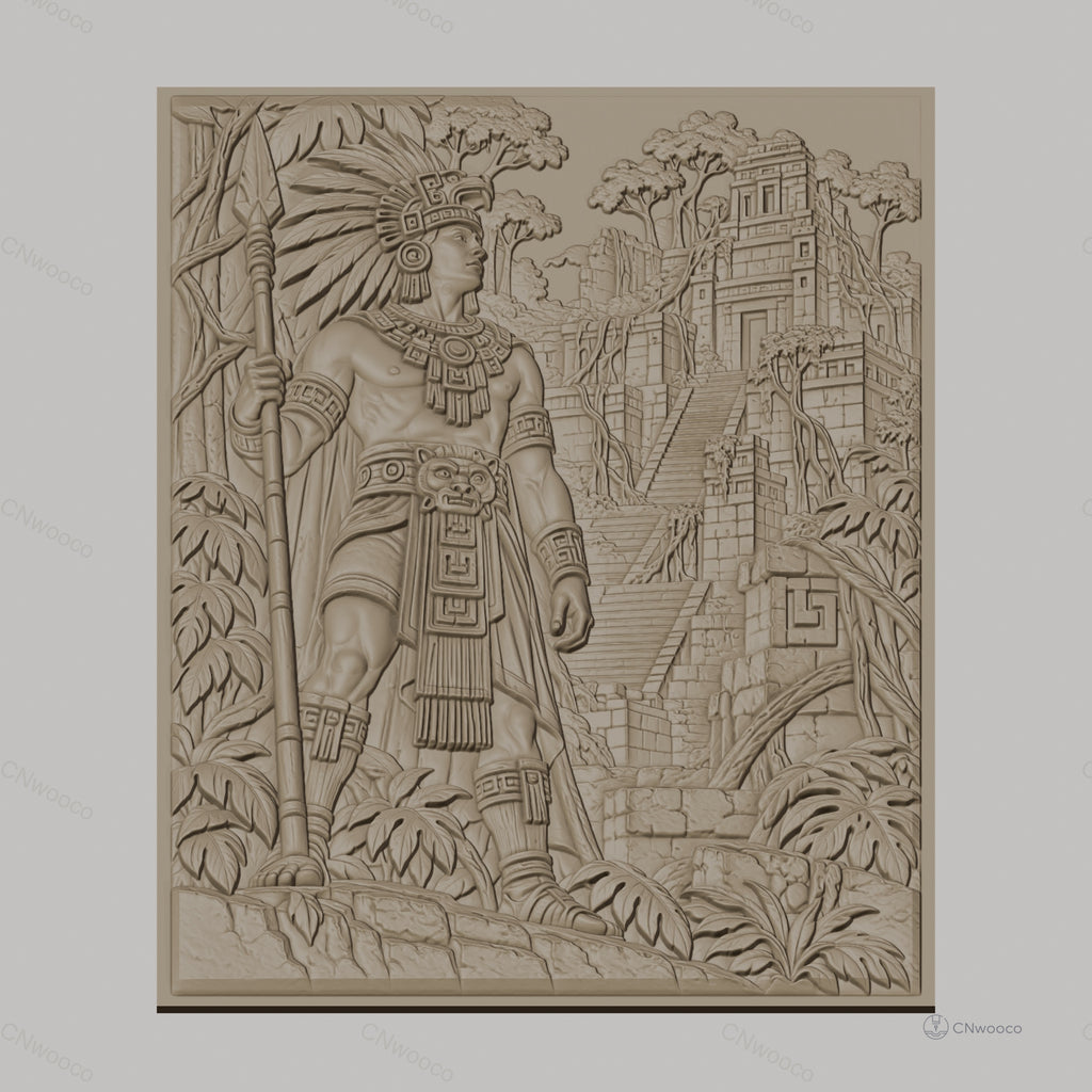 Fichier CNC & impression 3D guerrier amérindien, temple maya et végétation, haute qualité relief STL