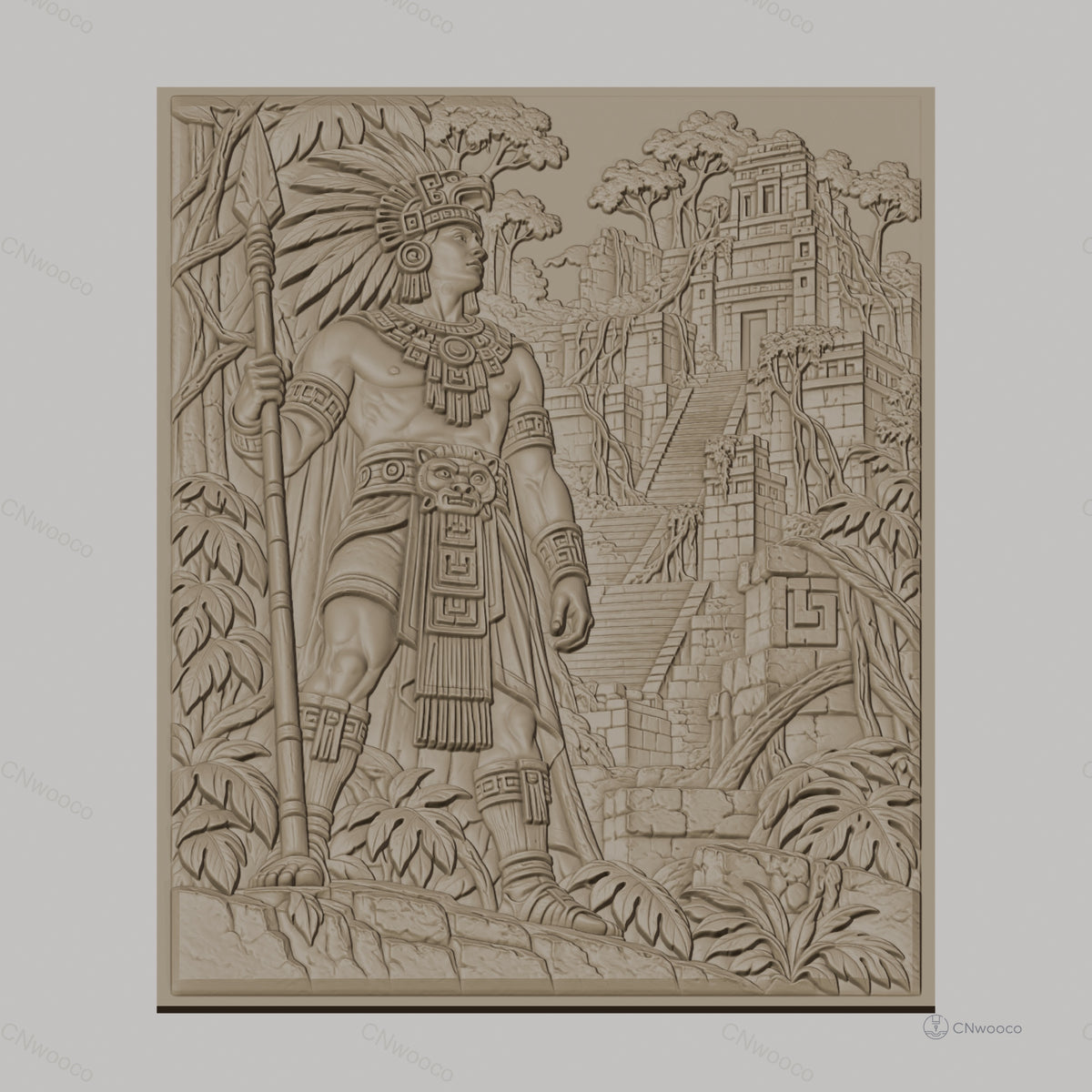 Fichier CNC & impression 3D guerrier amérindien, temple maya et végétation, haute qualité relief STL