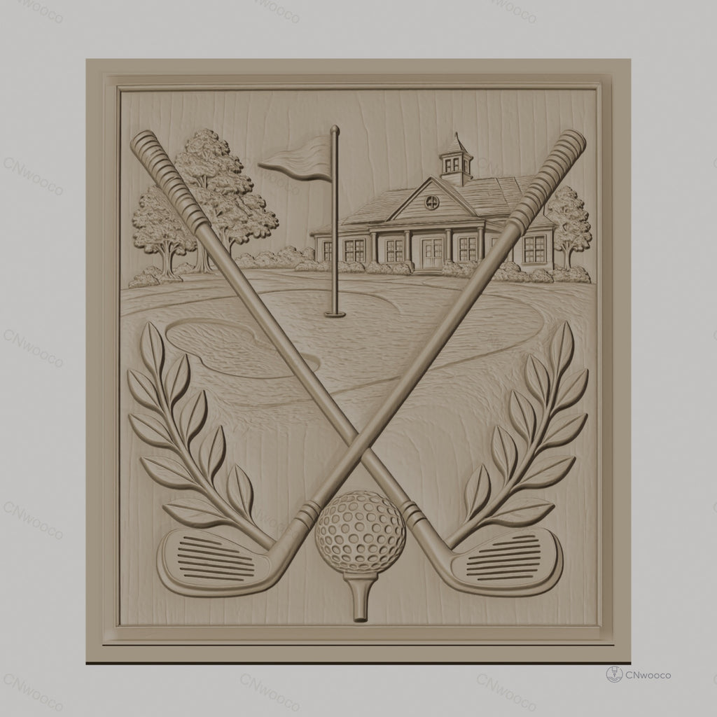 Fichier CNC & impression 3D golf, clubs croisés, balle sur tee, drapeau et club house haute qualité relief STL