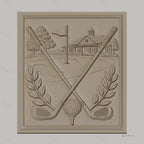 Fichier CNC & impression 3D golf, clubs croisés, balle sur tee, drapeau et club house haute qualité relief STL
