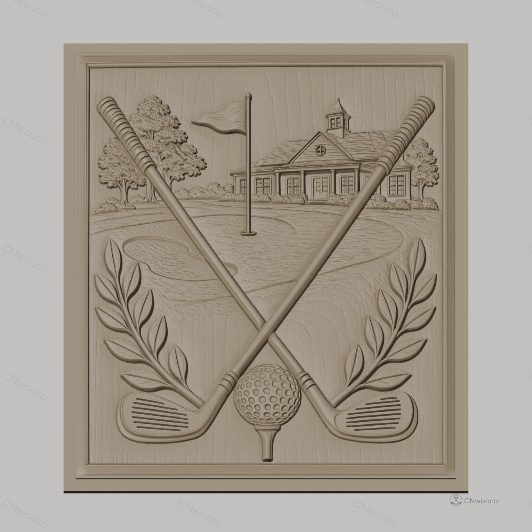 Fichier CNC & impression 3D golf, clubs croisés, balle sur tee, drapeau et club house haute qualité relief STL