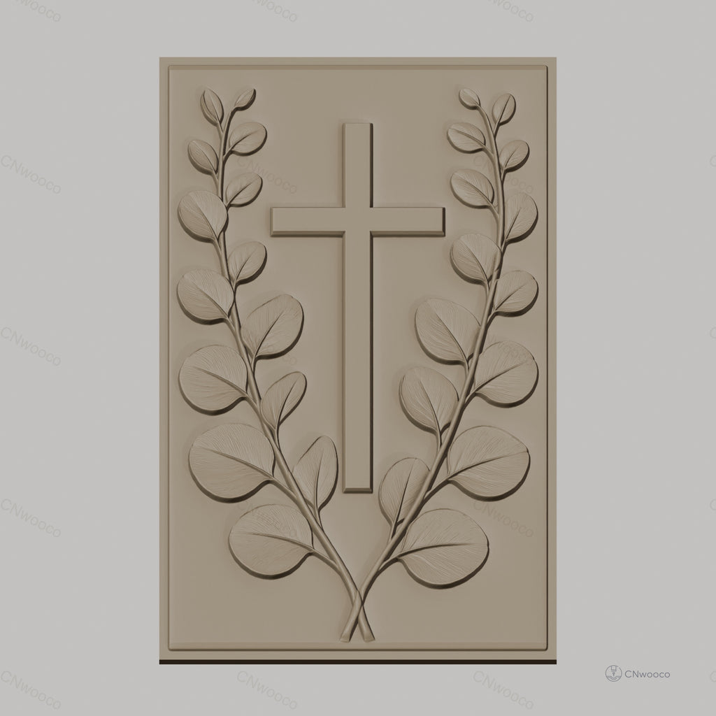 Fichier CNC & impression 3D Croix chrétienne et feuilles, haute qualité relief STL