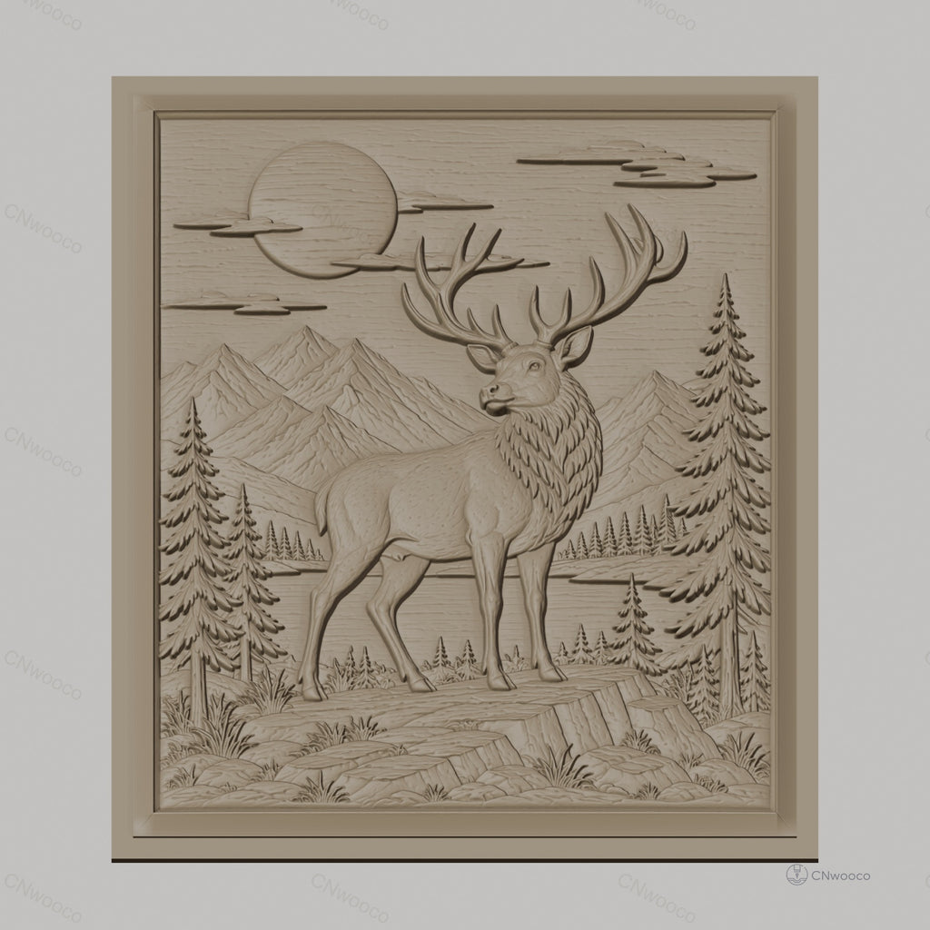 Fichier CNC & impression 3D cerf majestueux, paysage montagneux avec sapins et lune, haute qualité relief STL
