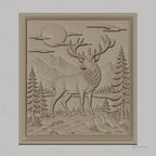 Fichier CNC & impression 3D cerf majestueux, paysage montagneux avec sapins et lune, haute qualité relief STL