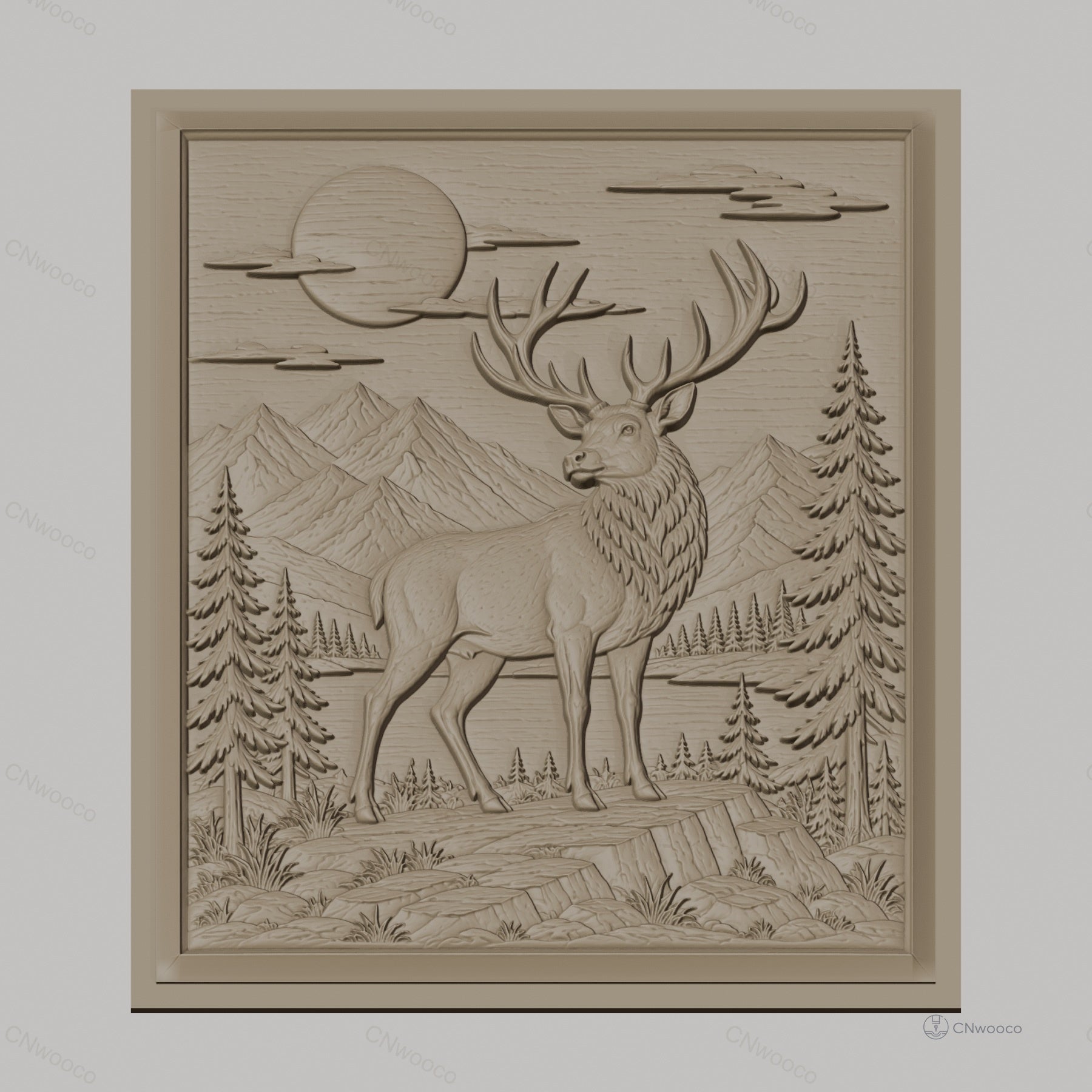 Fichier CNC & impression 3D cerf majestueux, paysage montagneux avec sapins et lune, haute qualité relief STL