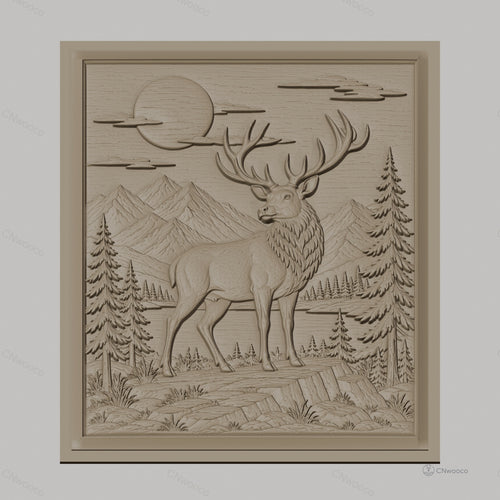Fichier CNC & impression 3D cerf majestueux, paysage montagneux avec sapins et lune, haute qualité relief STL