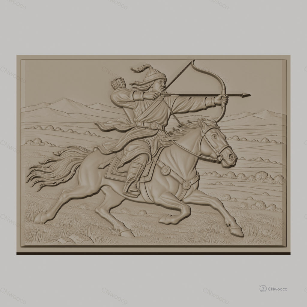 Fichier CNC & impression 3D cavalier archer à cheval tir à l'arc, paysage montagne relief, haute qualité relief STL