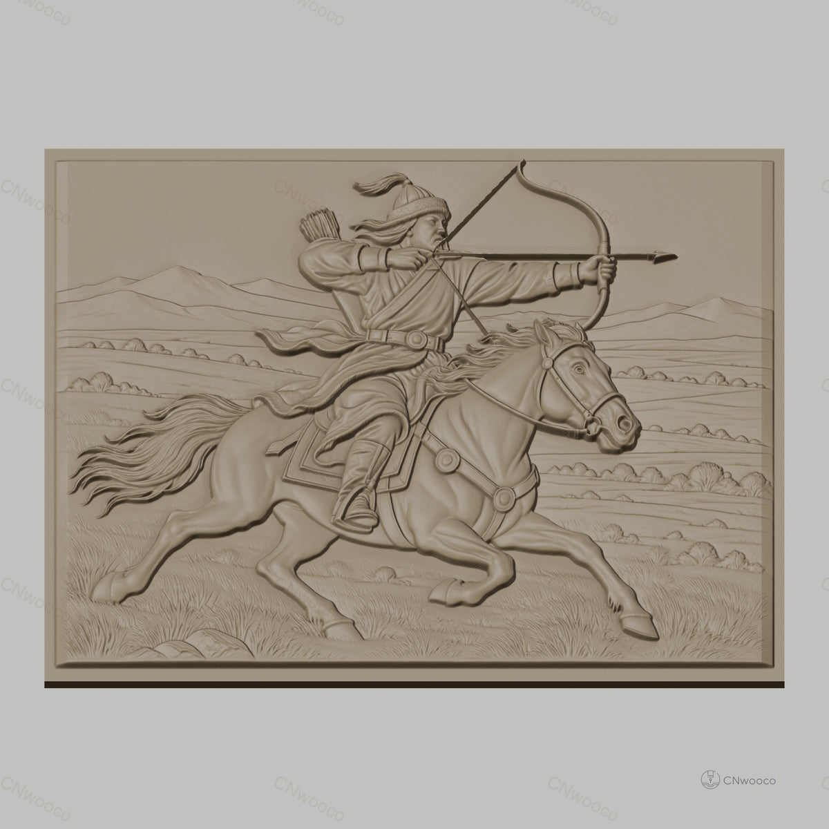 Fichier CNC & impression 3D cavalier archer à cheval tir à l'arc, paysage montagne relief, haute qualité relief STL